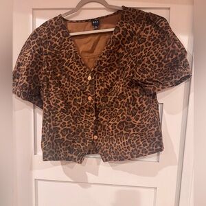 Denim Leopard Print Puff Sleeve Top